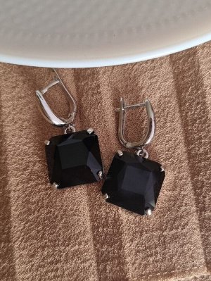 Серьги ювелирная бижутерия крупные под серебро, черный камень, 65145, Уценка, арт.08.1491
