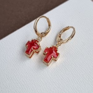 Серьги "Крестик" с камнем, покрытие цвет золото, цвет красный, арт.706.304