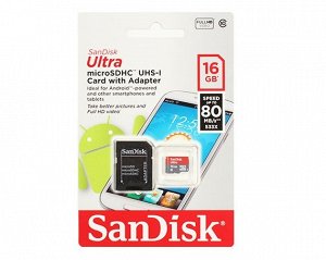 Карта памяти MicroSDHC SanDisk 16GB cl10 UHS-I + SD Android 80MB/s, SDSQUNS-016G-GN3MA