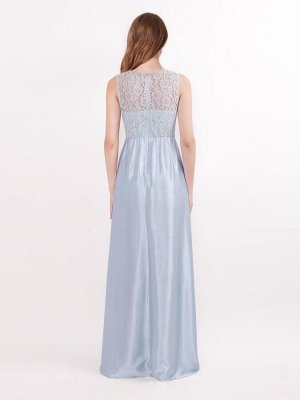 Голубое вечернее атласное длинное платье с кружевным топом