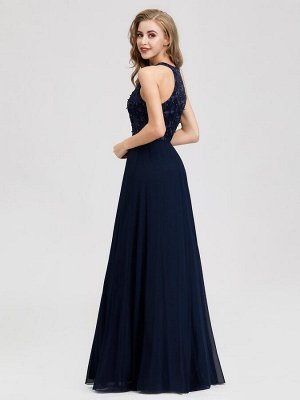 Темно-синее вечернее шифоновое длинное платье с вышивкой на лифе