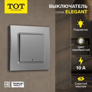 Выключатель TOT Elegant, 10 А, 1 клавиша, с подсветкой, скрытый монтаж, серебристый