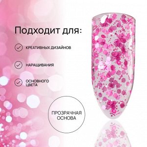 Гель для наращивания, с блёстками, 3-х фазный, 15 гр, LED/UV, прозрачный, розовый