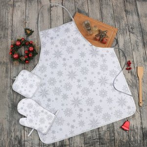 Кухонный набор Доляна Снежинки серебро, прихватка 17*17 см, варежка 26*16 см,фарт.70*80 см 100% п/э