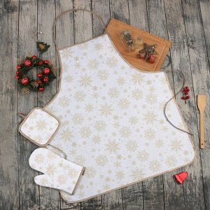 Кухонный набор Доляна Снежинки золотые, прихватка 17*17 см, варежка 26*16 см,фарт.70*80 см 100% п/э