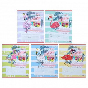 Тетрадь 12 листов в косую линейку «Фламинго и цветные волны», обложка мелованная бумага, МИКС