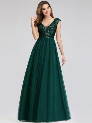 Женственное длинное зеленое сверкающее платье в пол с V-образным вырезом и блестящим топом