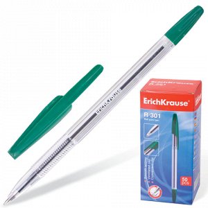 Ручка шариковая ERICH KRAUSE “R-301 Classic“, корпус прозрачный, узел 1 мм, линия 0,5 мм, зеленая, 43187 (цена за 10 штук)