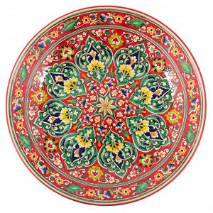 Ляган круглый Риштанская Керамика, 41см, красный, орнамент зелёно-жёлтый