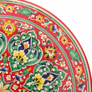 Ляган круглый Риштанская Керамика, 41см, красный, орнамент зелёно-жёлтый