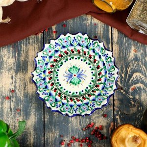 Тарелка Риштанская Керамика "Цветы", синяя, рильефная, 15 см