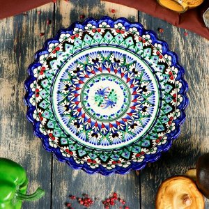 Тарелка Риштанская Керамика "Цветы", синяя, рильефная, 23 см