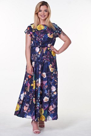 Платье Дарья №42.Цвет:т.синий/цветы