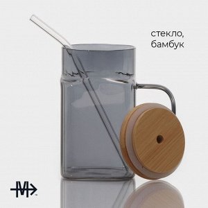 Банка Magistro «Эко», 620 мл, ручка, трубочка, с бамбуковой крышкой, стекло, прозрачная, чёрная