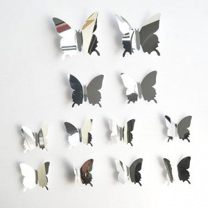 Интерьерные наклейки "бабочки" зеркальные, набор 12 шт., цвет серебряный