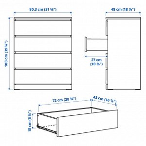 MALM, Комод с 4 выдвижными ящиками, белый, 80х100 см