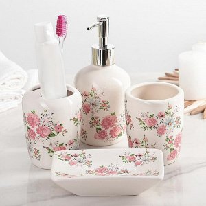 Набор аксессуаров для ванной комнаты «Розовые розы», 4 предмета: дозатор 300 мл, мыльница, 2 стакана