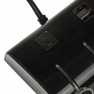 Разветвитель прикуривателя, 3 гнезда с подсветкой, 2 USB, 12/24 В, провод 70 см, черный