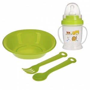 Набор детской посуды, 4 предмета: миска, ложка, вилка, бутылочка 200 мл, цвета МИКС