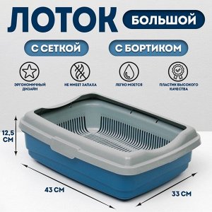 Лоток большой с сеткой и бортиком Atlantis "Стандарт", 43 х 33 х 12,5 см, синий.
