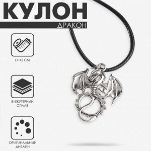 Кулон на шнурке «Дракон» хвостатый, цвет чернёное серебро на чёрном шнурке, 42 см