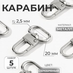 Карабин металлический, 41x25 мм / 20x2.5 мм, 5 шт., цвет серебряный