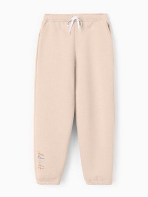 Брюки для девочки с начёсом MINAKU: Exclusive print, бежевые, Oversize