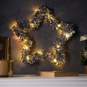 Светодиодная фигура из мишуры «Звезда красная» 30x5 см, 20 LED, батарейки AG10x3 (в комплекте), свечение тёплое белое