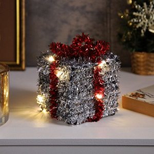 Светодиодная фигура из мишуры «Подарок серебристый» 12x9 см, 10 LED, батарейки AG10x3 (в комплекте), свечение тёплое белое
