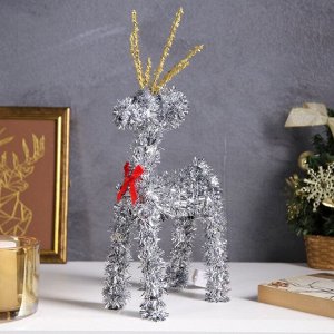 Светодиодная фигура из мишуры «Олень серебристый» 34*16 см, 20 LED, батарейки AG10*3 (в комплекте), свечение тёплое белое