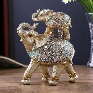 Сувенир полистоун "Серебристые слоны в ажурных бирюзовых попонах с цветами" 18х15,4х6,7 см