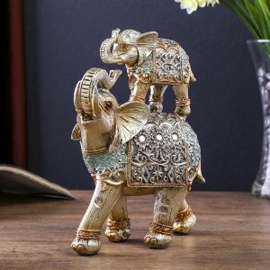 Сувенир полистоун "Серебристые слоны в ажурных бирюзовых попонах с цветами" 18х15,4х6,7 см