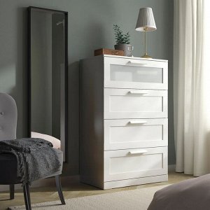 BRIMNES, Комод с 4 выдвижными ящиками, белый/матовое стекло, 78х124 см