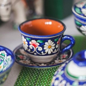 Кофейная пара Шафран Риштанская Керамика, 2 предмета: чашка 100 мл, блюдце d=10 см, синяя