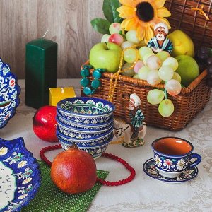 Чайная пара Риштанская Керамика "Цветы", 100 мл, (тарелка 10см, чашка 7,5см), синяя