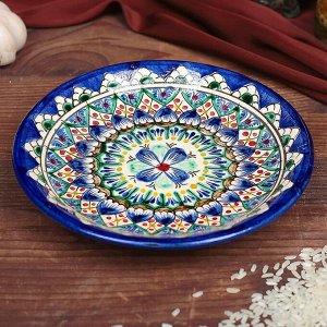 Тарелка Риштанская Керамика "Цветы", синяя, плоская, 15 см