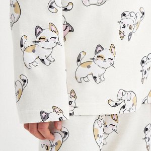 Пижама для девочки, молочный набивка кошечки