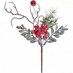 Декоративная новогодняя ветка c красными ягодами в инее, 25 см
