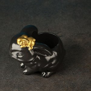 Фигурное кашпо для цветов «Зайчиха с зайчонком», h=9 см, гипс, черное, золотистое
