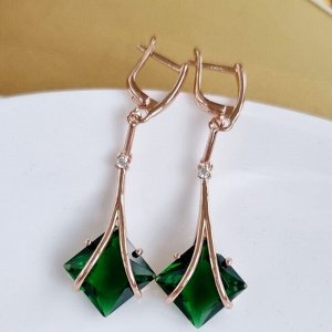 zlatto Серьги подвески длинные с зеленым камнем, покрытие позолота 585 пробы, арт.212.061