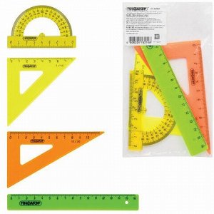 Набор чертежный малый ПИФАГОР (линейка 16 см, 2 треуг., трансп.),непрозр.,неоновый, пакет, 210624