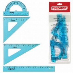 Набор чертежный средний ПИФАГОР (линейка 20 см, 2 треуг., трансп.), тонированный, европодвес, 210628