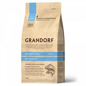 Grandorf для кошек Sensitive для кожи шерсти Белая рыба Индейка 2кг