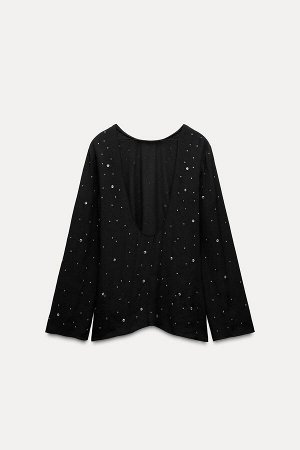 Топ Цвет как на первом фото БЛЕСКОВЫЙ ТОП С БЕЗ СПИНКИ, КОЛЛЕКЦИЯ ZW (R?CKENFREIES GLITZERTOP ZW COLLECTION) Топ ZARA WOMAN COLLECTION выполнен из вискозной пряжи. Круглый вырез и длинные рукава. Блес