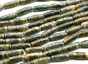 Бусины Дзи "Пять глаз с молнией" из агата бочонок 10*30мм цв.зеленый, 29см, 10 бусин
