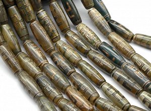 Бусины Дзи "ХоТу" из агата бочонок 10*30мм цв.зеленый, 29см, 10 бусин