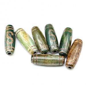 Бусины Дзи "Денежный крючок" из агата бочонок 10*30мм цв.зеленый, 1 бусина