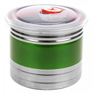 Банка для сыпучих продуктов из нержавеющей стали 1,1л, д12,5см, h10,5см, крышка пластмассовая с пароотводом, цветной корпус, зеленый, в коробке (Китай)