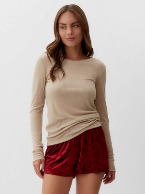 Пижама женская (лонгслив, шорты) KAFTAN «Бархат», цвет бордовый, бежевый