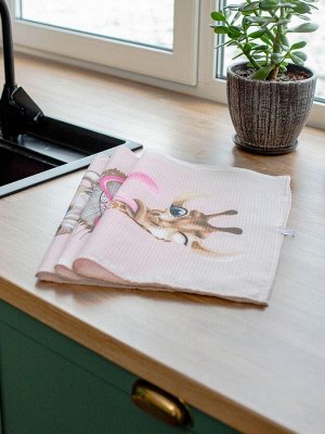 Комплект вафельных полотенец 48*60 см, 3 штуки (Розовый кот)